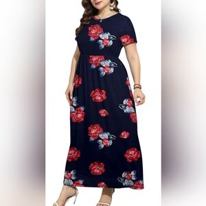 🆕 Women's PLUS SIZE Navy & Floral Print Maxi Dress With Pockets